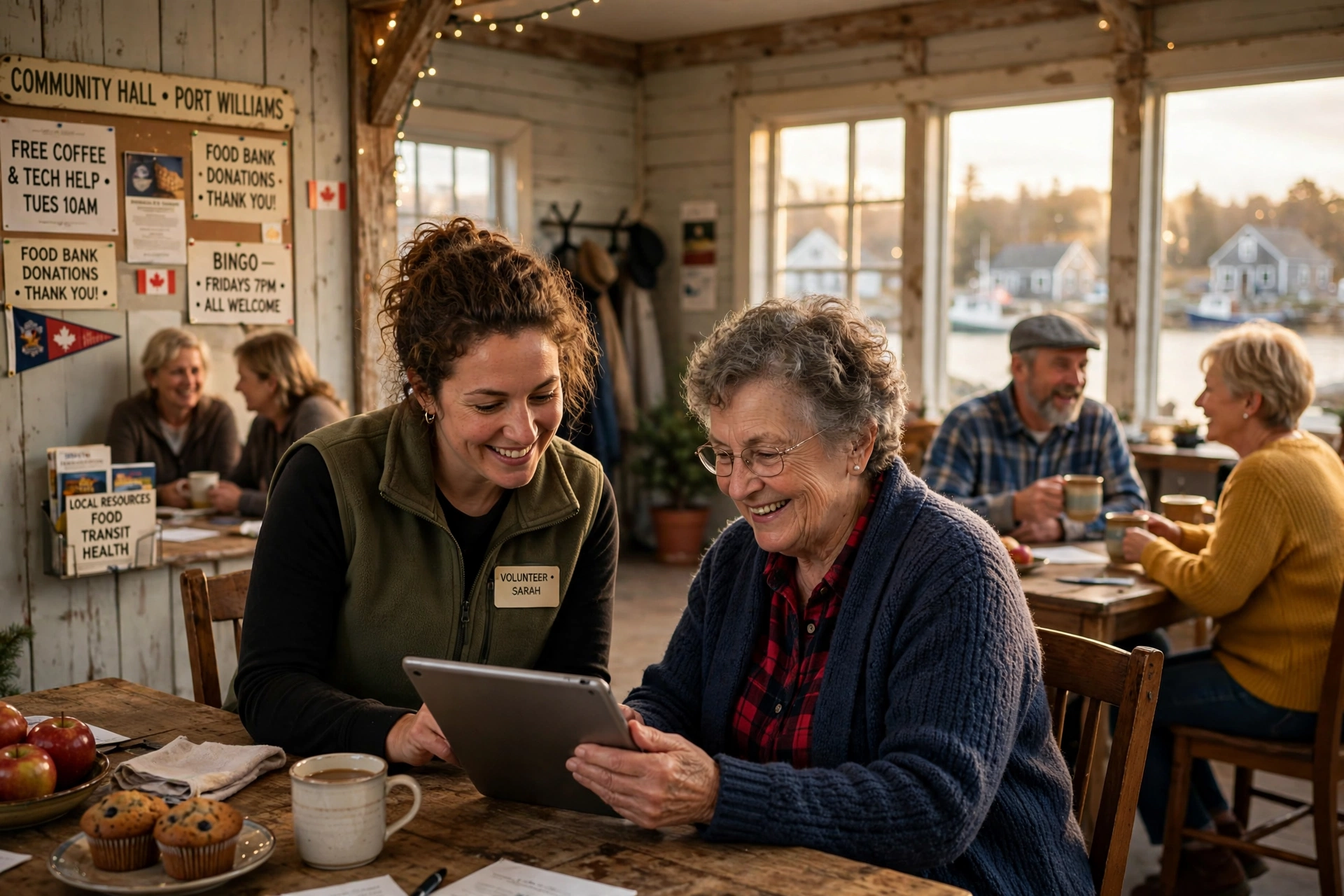 A volunteer helping a neighbour with a tablet at a community workshop